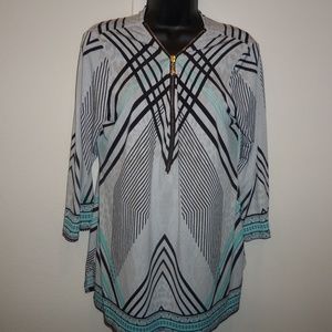 JM Collection Shirt Printed Zip Neck 3/4 Sleeve
